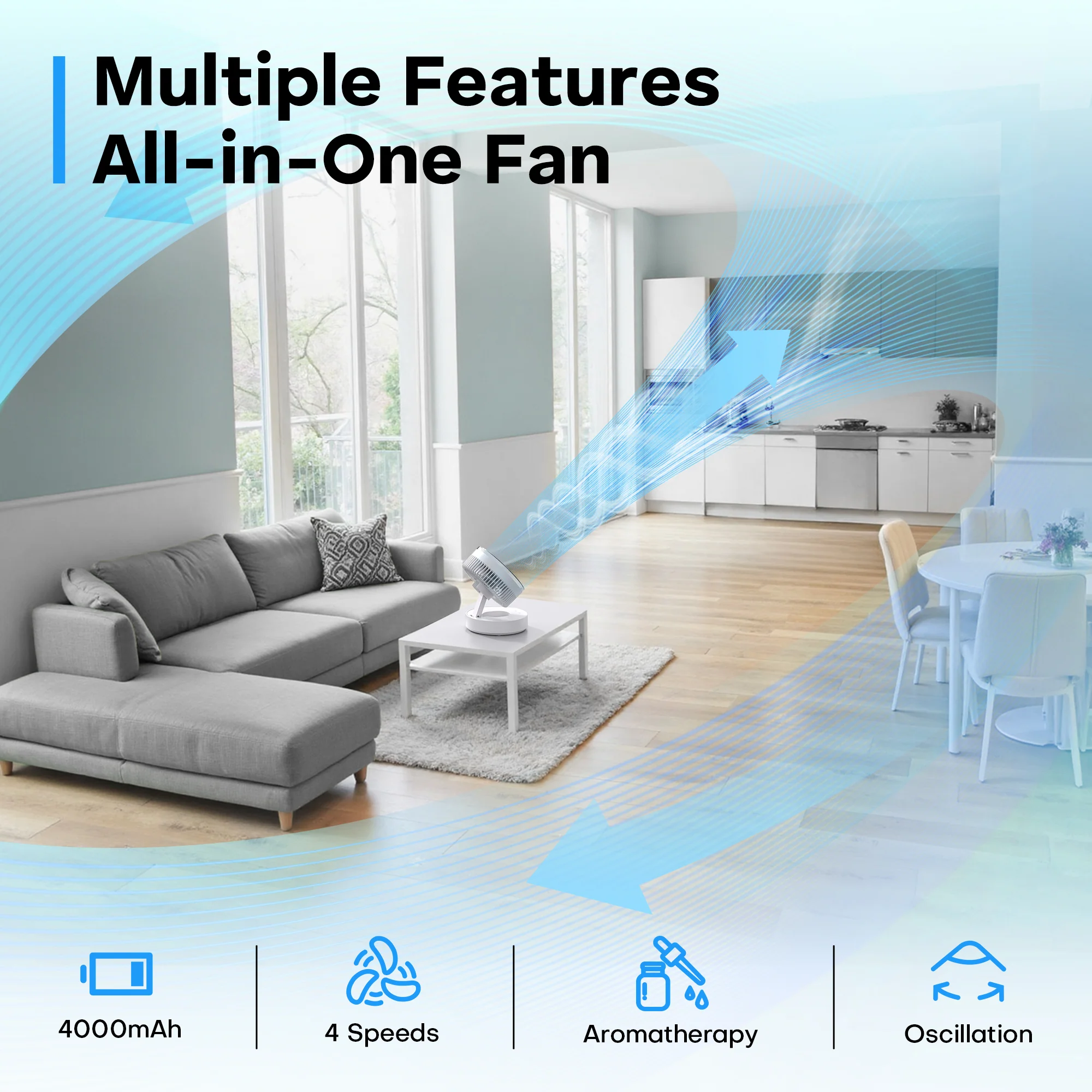 Portable Rechargeable Fan with 4000mAh Battery, Foldable Desktop Fan, 90° Oscillating Personal Fan for Home, Office & Travel, Hanging or Tabletop Use - Image 3